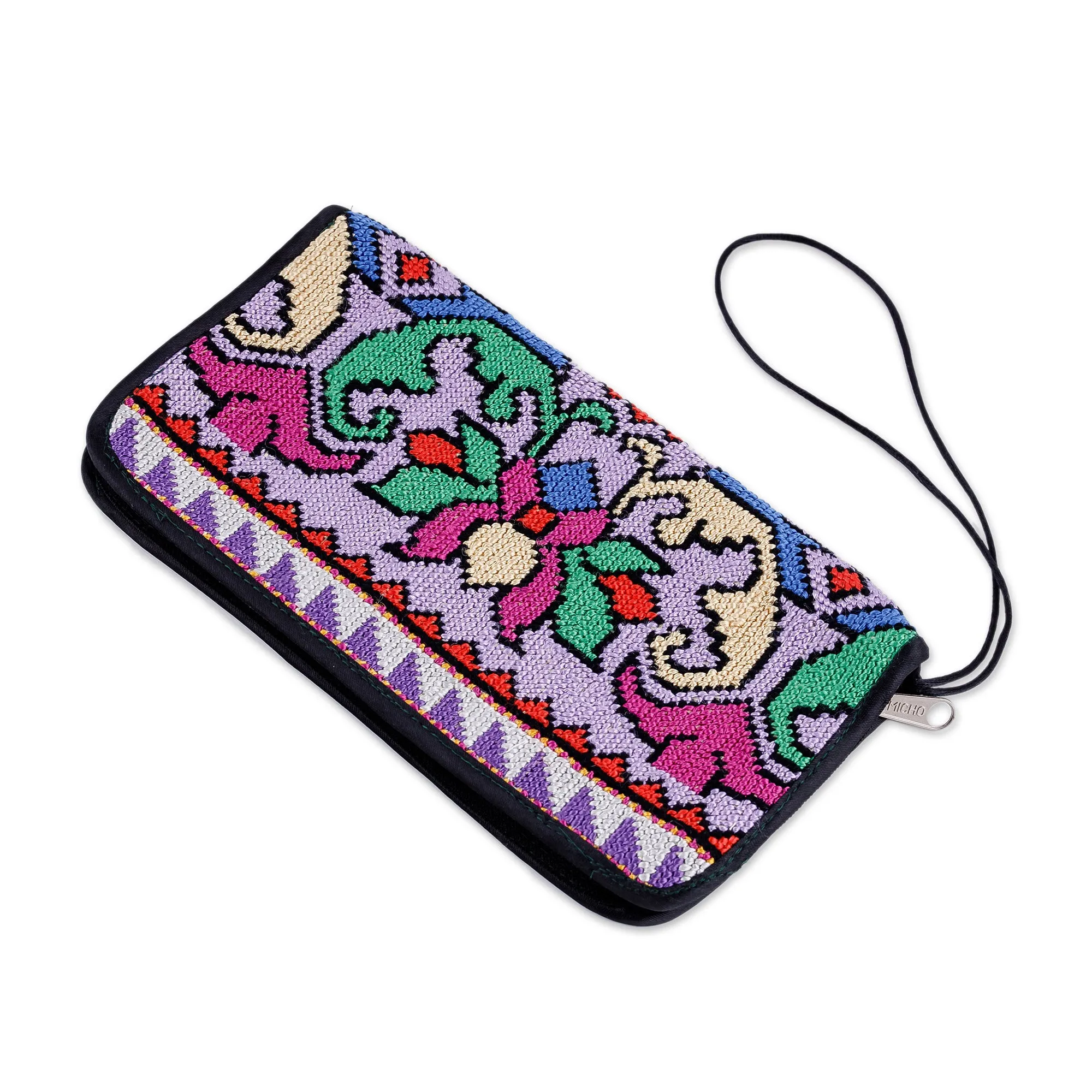 Classic Floral Iroki Embroidered Silk Zippered Wristlet - Sweet Gardens | NOVICA