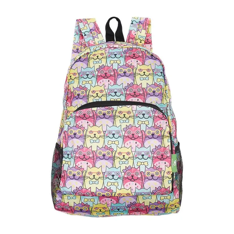 ECO CHIC Foldaway Back Pack/School Bag/Shopping Bag - Made From Recycled Plastic Bottles - Glasses Cat (Multi)