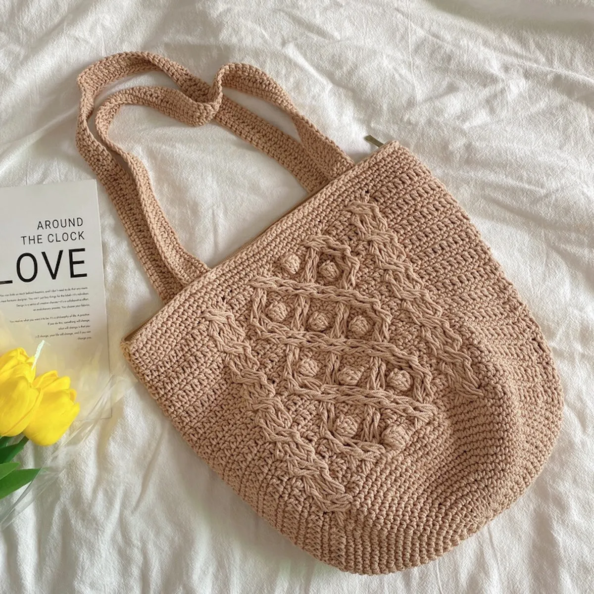 Elena Handbags Handmade Cotton Knitted Shoulder Bucket Bag