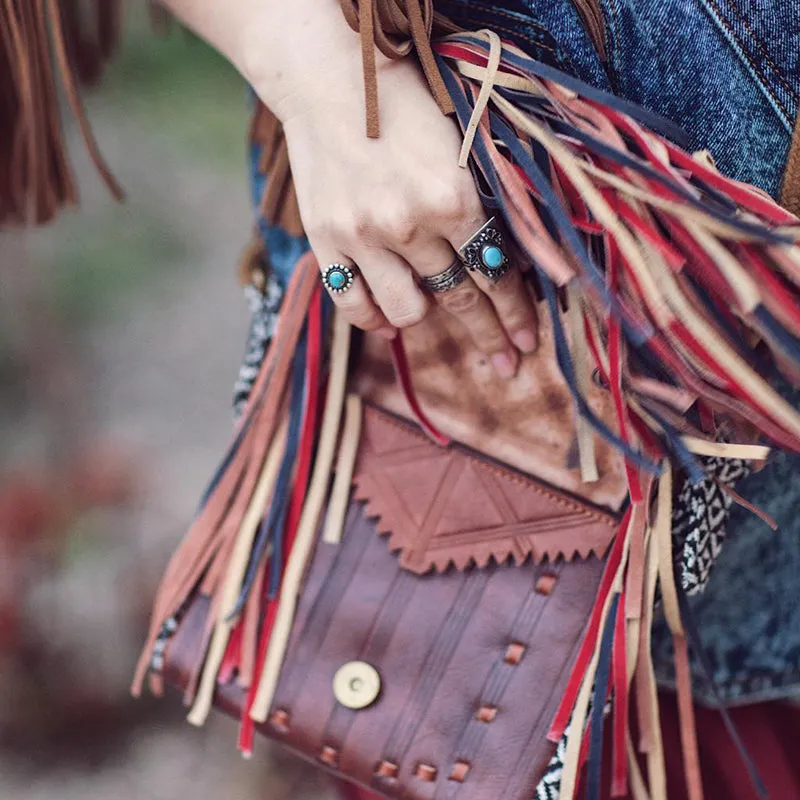 Handmade Boho Leather Fringe Crossbody Purse Western Purses With Fringe For Women