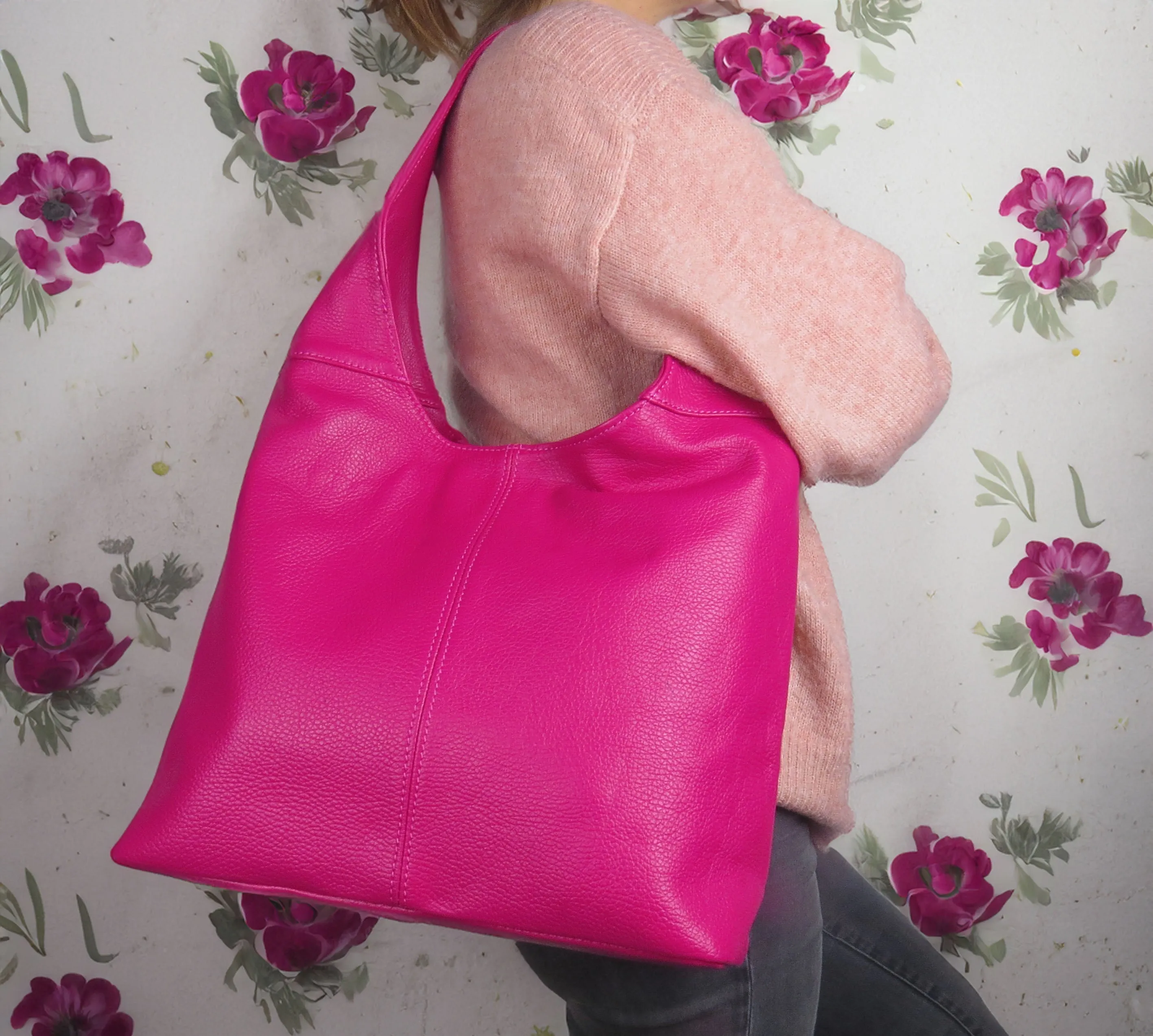 Italian Light Grey Leather Slouchy Shoulder Bag