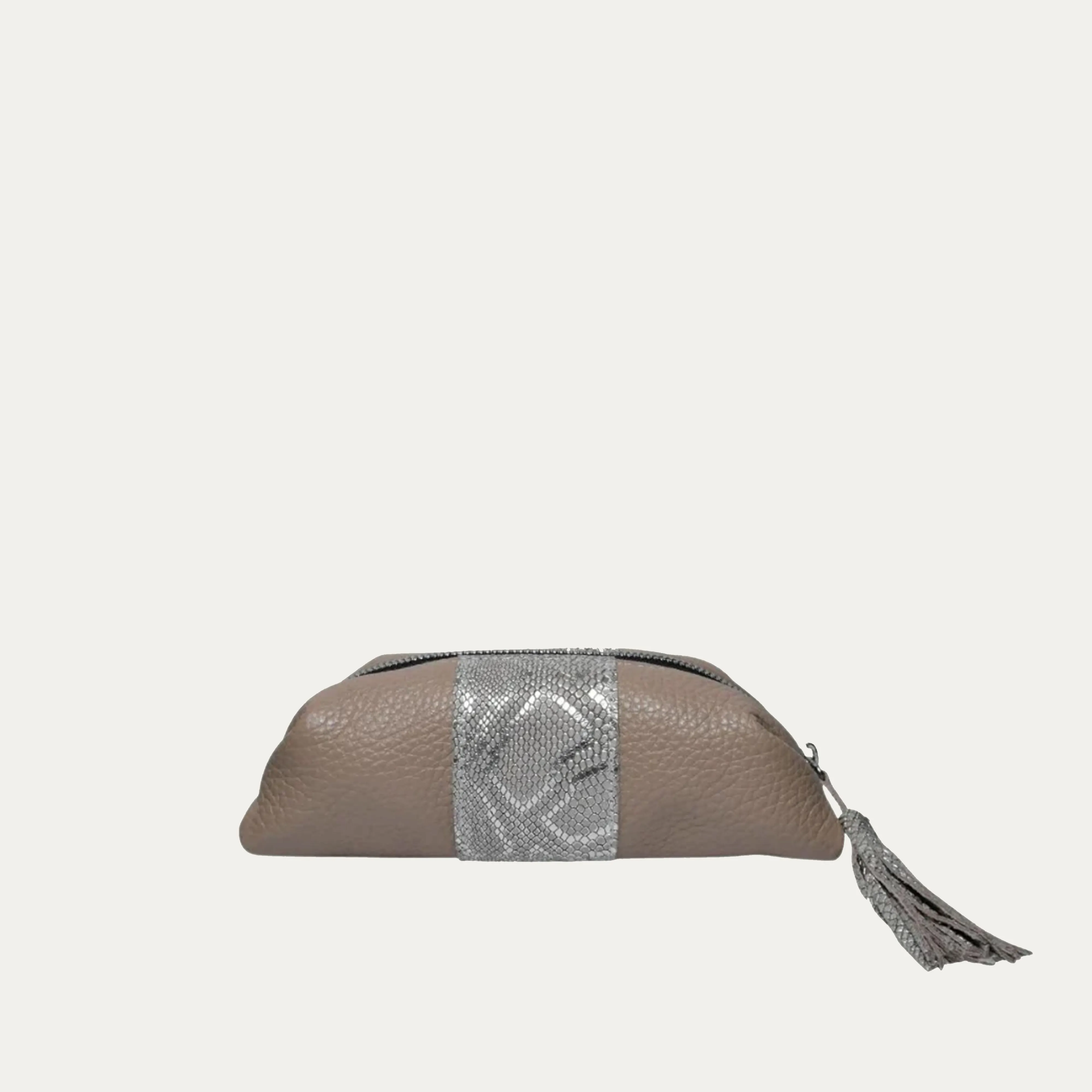 Mini Cosmetic Pouch | Taupe Leather   Safari Silver Stripe "The Gloria"
