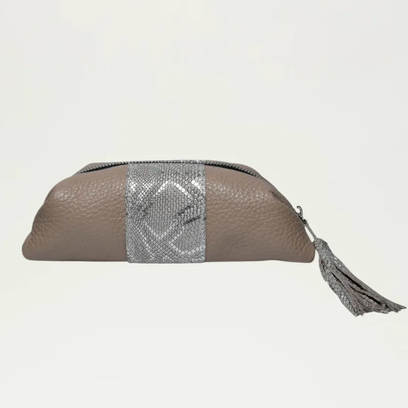 Mini Cosmetic Pouch | Taupe Leather   Safari Silver Stripe "The Gloria"