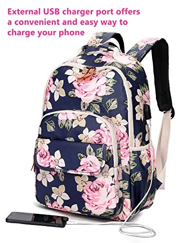 Pink and Black Floral School Girl's Backpack, Bookbag, Daypack w/USB Charging Port