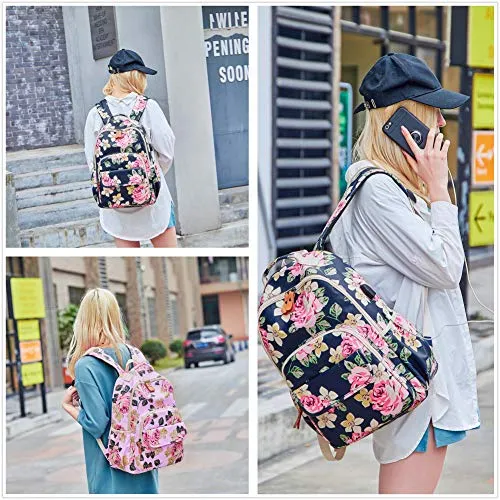 Pink and Black Floral School Girl's Backpack, Bookbag, Daypack w/USB Charging Port