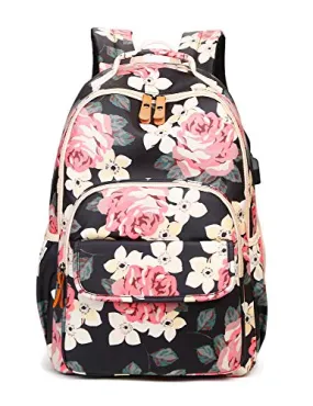 Pink and Black Floral School Girl's Backpack, Bookbag, Daypack w/USB Charging Port