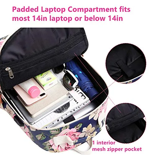 Pink and Black Floral School Girl's Backpack, Bookbag, Daypack w/USB Charging Port