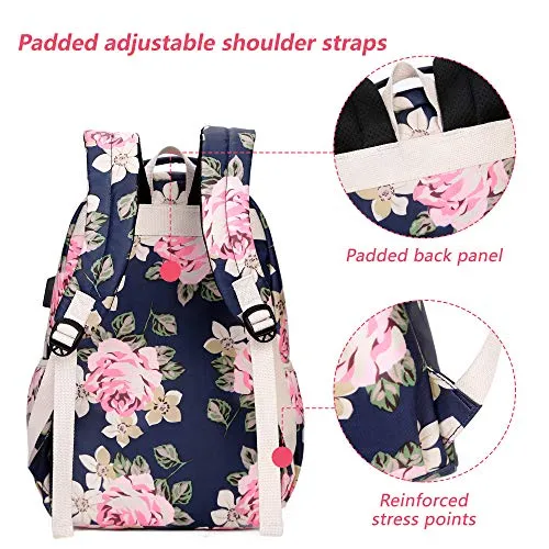 Pink and Black Floral School Girl's Backpack, Bookbag, Daypack w/USB Charging Port