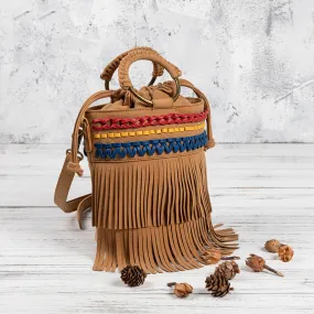 Small Vegan Leather Suede Bucket Bag Fringe Crossbody Boho Bag For Women