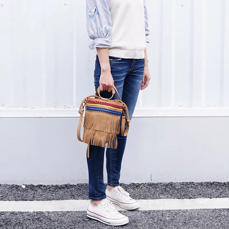 Small Vegan Leather Suede Bucket Bag Fringe Crossbody Boho Bag For Women