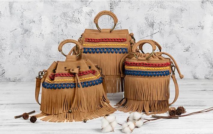 Small Vegan Leather Suede Bucket Bag Fringe Crossbody Boho Bag For Women
